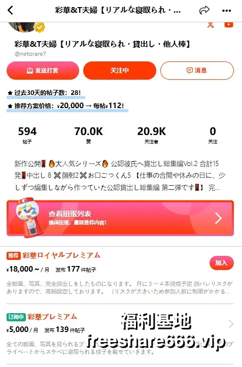 myfans博主@netorare7彩華&T夫婦 2026最新付费订阅合集117V/225.5G｜高清订阅