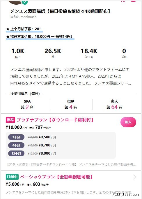 myfans博主メンエス覆面講師@fukumenkoushi原档4K付费订阅合集549V/791G